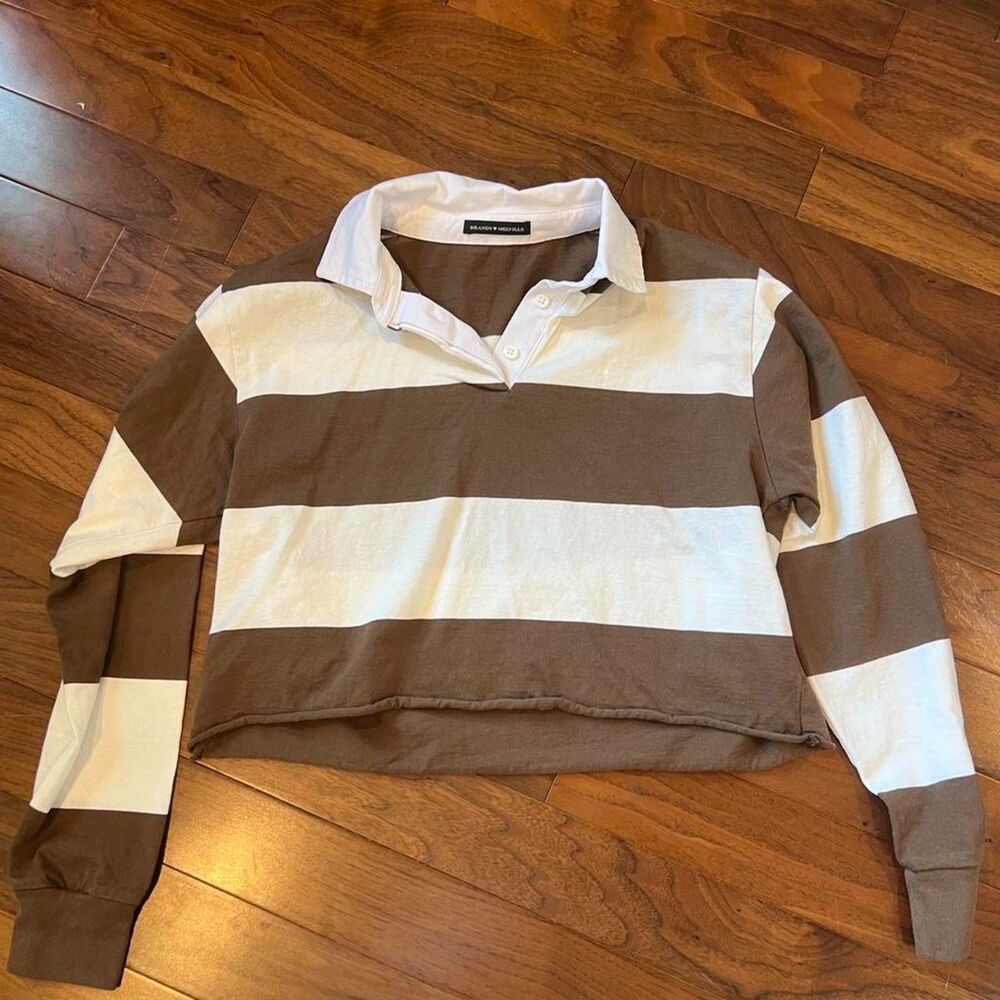 Brandy Melville Brown White Striped Rugby Polo Top One Size 100% Cotton OS